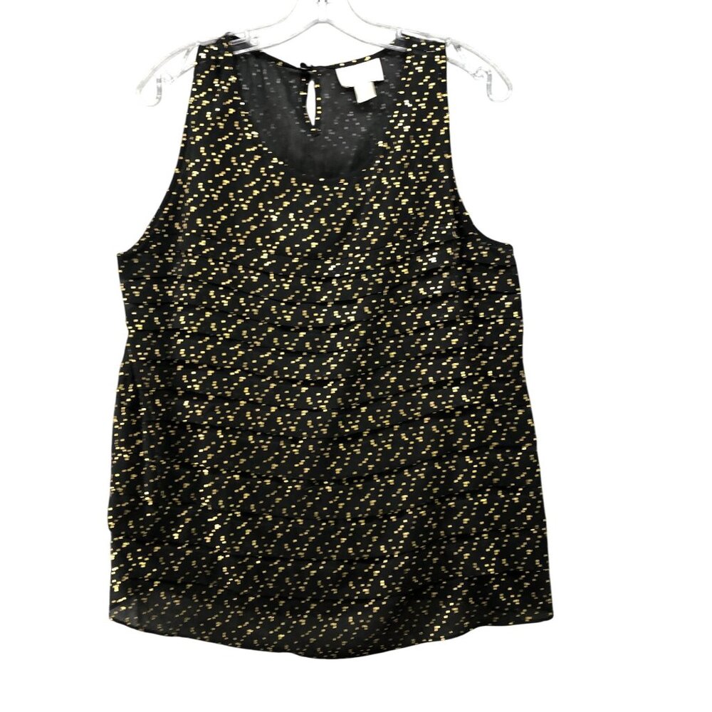 LOFT Sheer Chiffon Sleeveless Blouse Womens L Black Gold Dot Tank Top Pleated‎